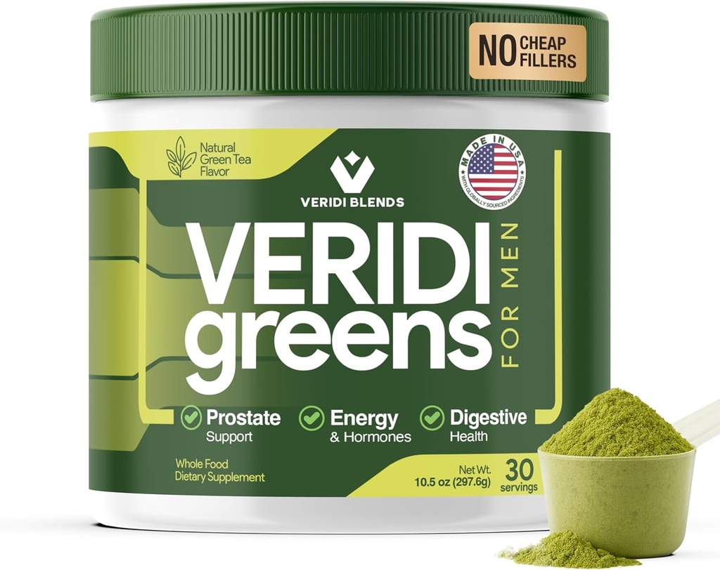 Veridi Greens for Men 40+ Silencio Daily Superfood Greens Polvo para la salud de próstata, hormonas &amp; energía Soporte  Premium USA Blend with Spirulina, Saw Palmetto, Zinc &amp; Enzymes