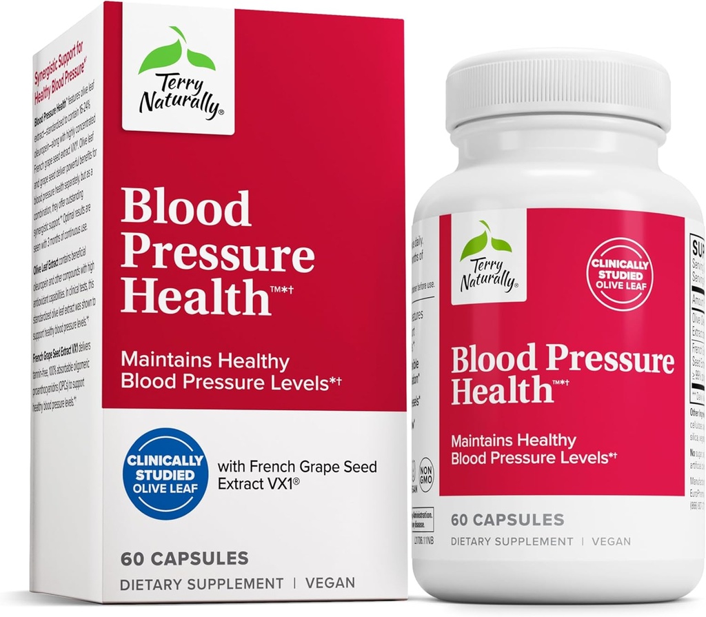 Terry Naturally Blood Pressure Health - Healthy Blood Flow &amp; Circulation Support Supplement - Heart Health Supplement with Antioxidants - Cardiovascular Support - 60 cápsulas