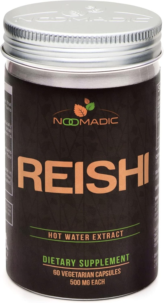 Noomadic Reishi Mushroom, 60 cápsulas, 500 mg cada uno, Wellness General &amp; Longevity, Hot Water Extract, Fruiting Bodies, 30% Beta-D-Glucans