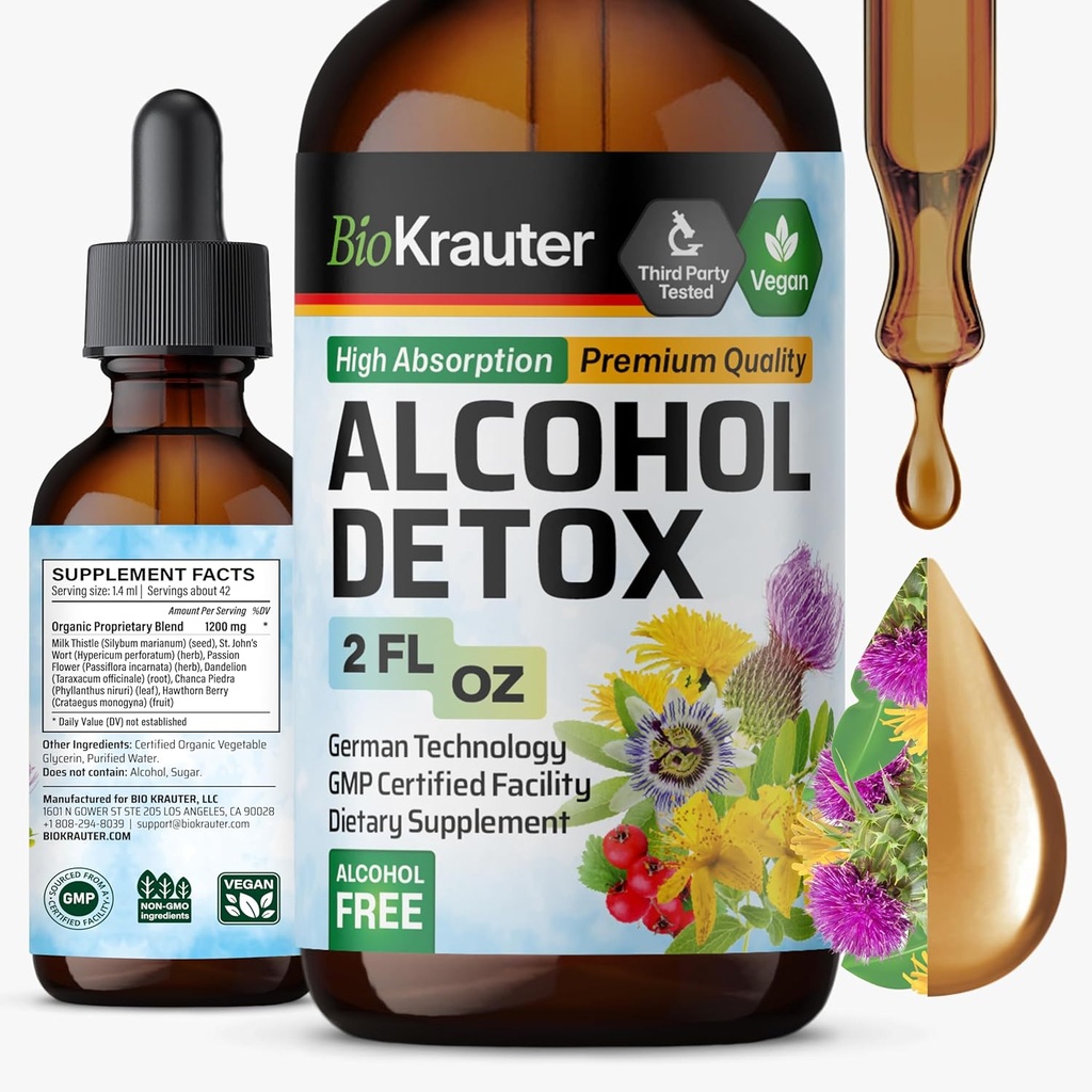 BIO KRAUTER Alcohol Detox Tincture - Liver Cleanse & Detox Formula - Milk Thistle & Dandelion - Liver Support Liquid Extract - Alcohol and Sugar Free - Vegan Drops 2 Fl.Oz.