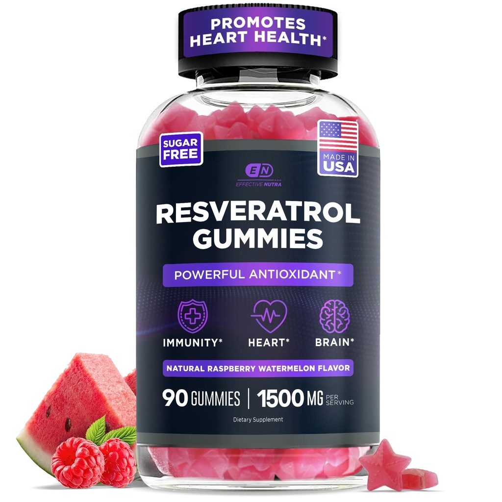 Effective Nutra Resveratrol Gummies 1500mg – Sugar Free Antioxidant Supplement for Heart Health, Immunity & Brain Support – Vegan, Non-GMO, 3rd Party Tested, Raspberry Watermelon, 90 Count