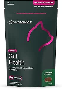 VetriScience Gut Health Chews, Probiotic Everyday Digestive Supplement for Cats, Pet Probiotics for Digestion Support, Gas and Diarrhea, Immune Support, 120 Million CFU Por Chew, Duck, 60 Count