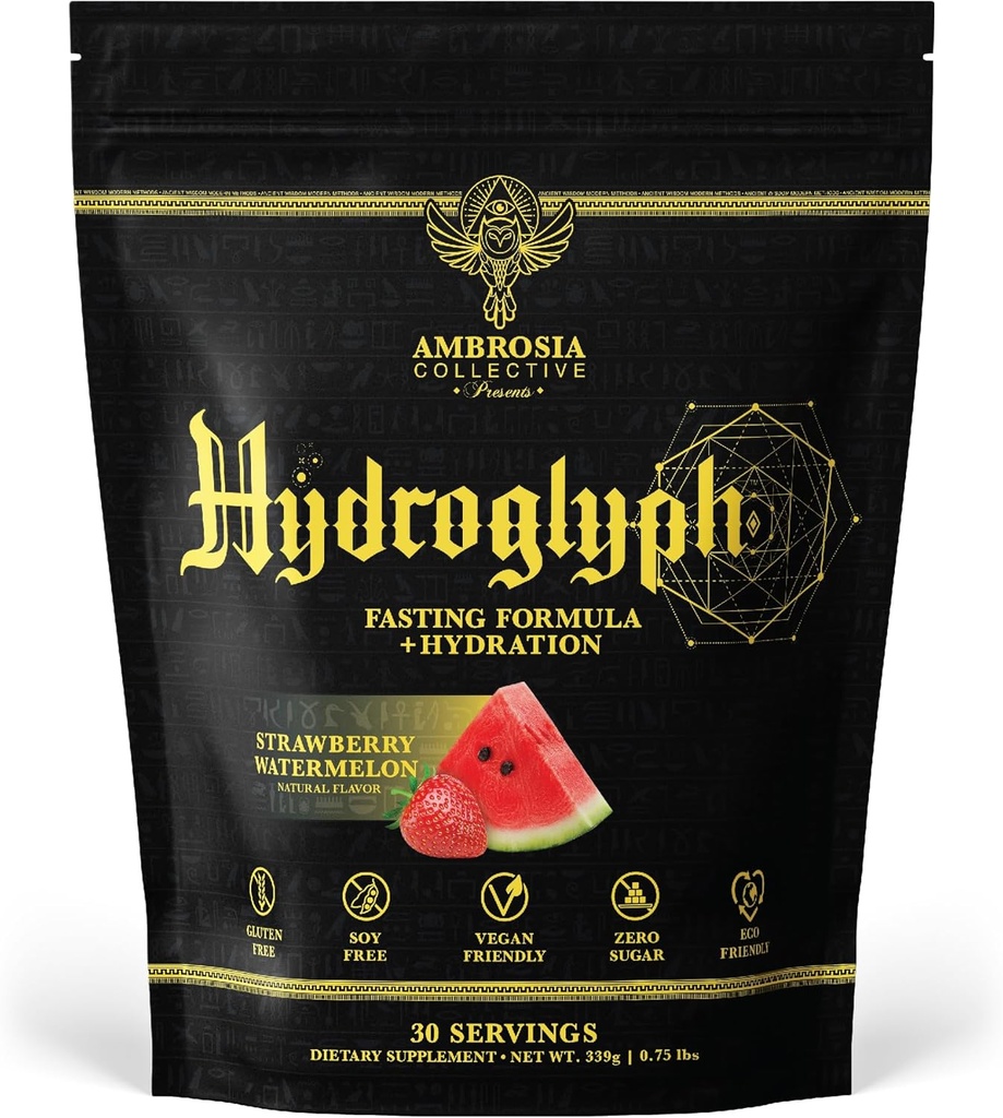 Ambrosia Hydroglyph Intraworkout Fórmula w/BCAA + EAA + Electrolytes Hidration Powder para proteger el músculo magro, 0g Sugar Fasting Hydration Drink Mix, Made w/Coconut Water (Strawberry Watermelon)