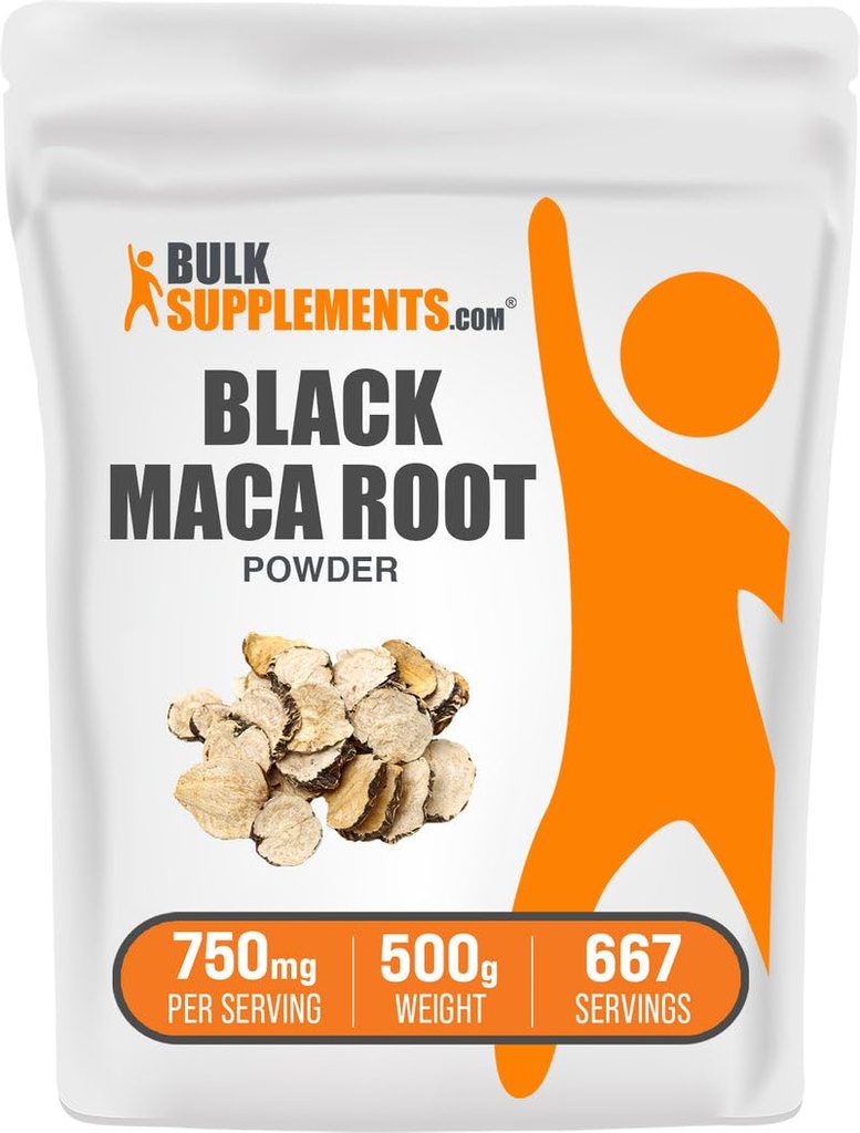 BulkSupplements.com Black Maca Powder - Black Maca Root Supplement, Herbal Supplement for Men &amp; Women - Vegan, Gluten Free, 750mg por Serving, 500g (1.1 lbs) (Pack of 1)