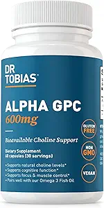 Dr. Tobias Alpha GPC 600mg Por Serving - Bioavailable Choline Supplements for Brain, Memory and Focus - Premium Nootropic Alpha GPC Choline Supplement, Vegan, Non-GMO, 60 Capsules, 30 Servings