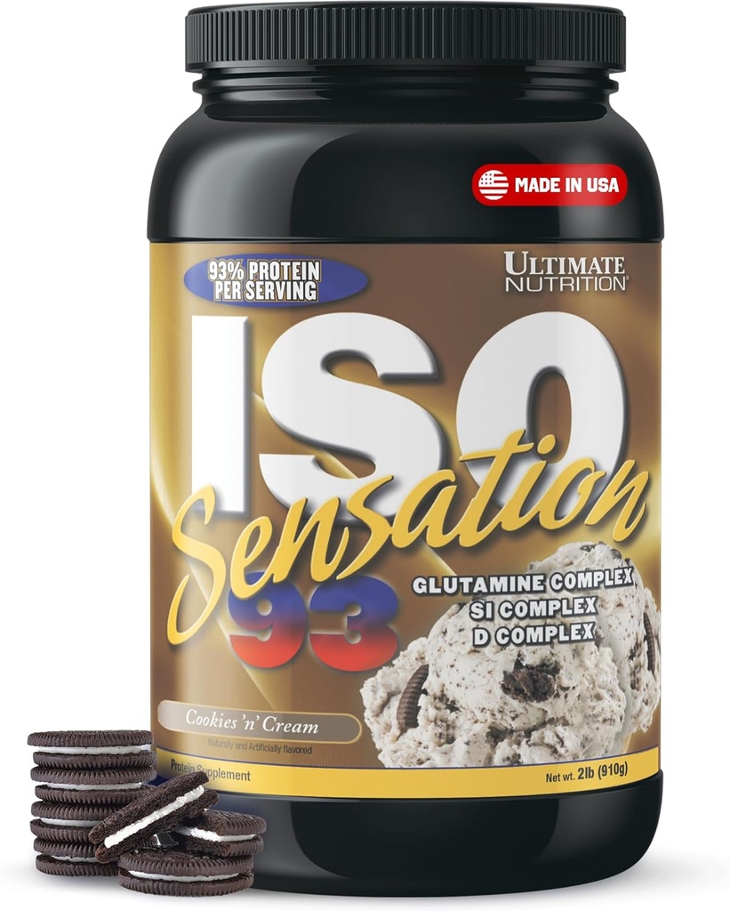 Ultimate Nutrition Whey Protein Isolate Powder with Glutamine Complex, ISO Sensation 93 - Whey Protein Powder with Añadido Colostrum for Enhanced Recovery, Immunity & Gut Health - Cookies N Cream, 2lbs