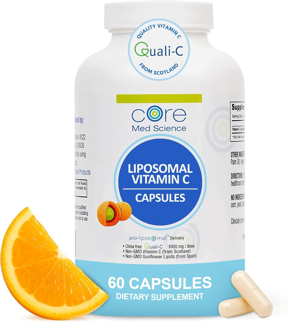 Core Med Science Liposomal Vitamina C 1000mg, 60 cápsulas - Suplemento natural de vitamina C no GMO que promueve la piel sana - Booster de sistema inmunológico para adultos, apoya la formación del colágeno