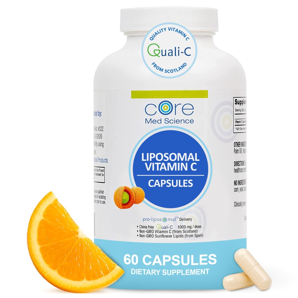 Core Med Science Liposomal Vitamina C 1000mg, 60 cápsulas - Suplemento natural de vitamina C no GMO que promueve la piel sana - Booster de sistema inmunológico para adultos, apoya la formación del colágeno