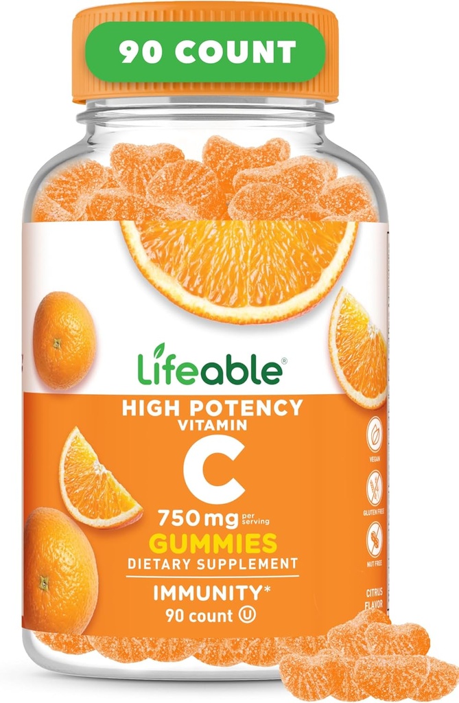 Lifeable Vitamina C Gummies for Adults TEN 750mg TENIDO Great Tasting Orange Flavor VIT C TEN Vegan Non GMO Vitamina C Chewable Silencio para Immune Support TEN 90 Gummies