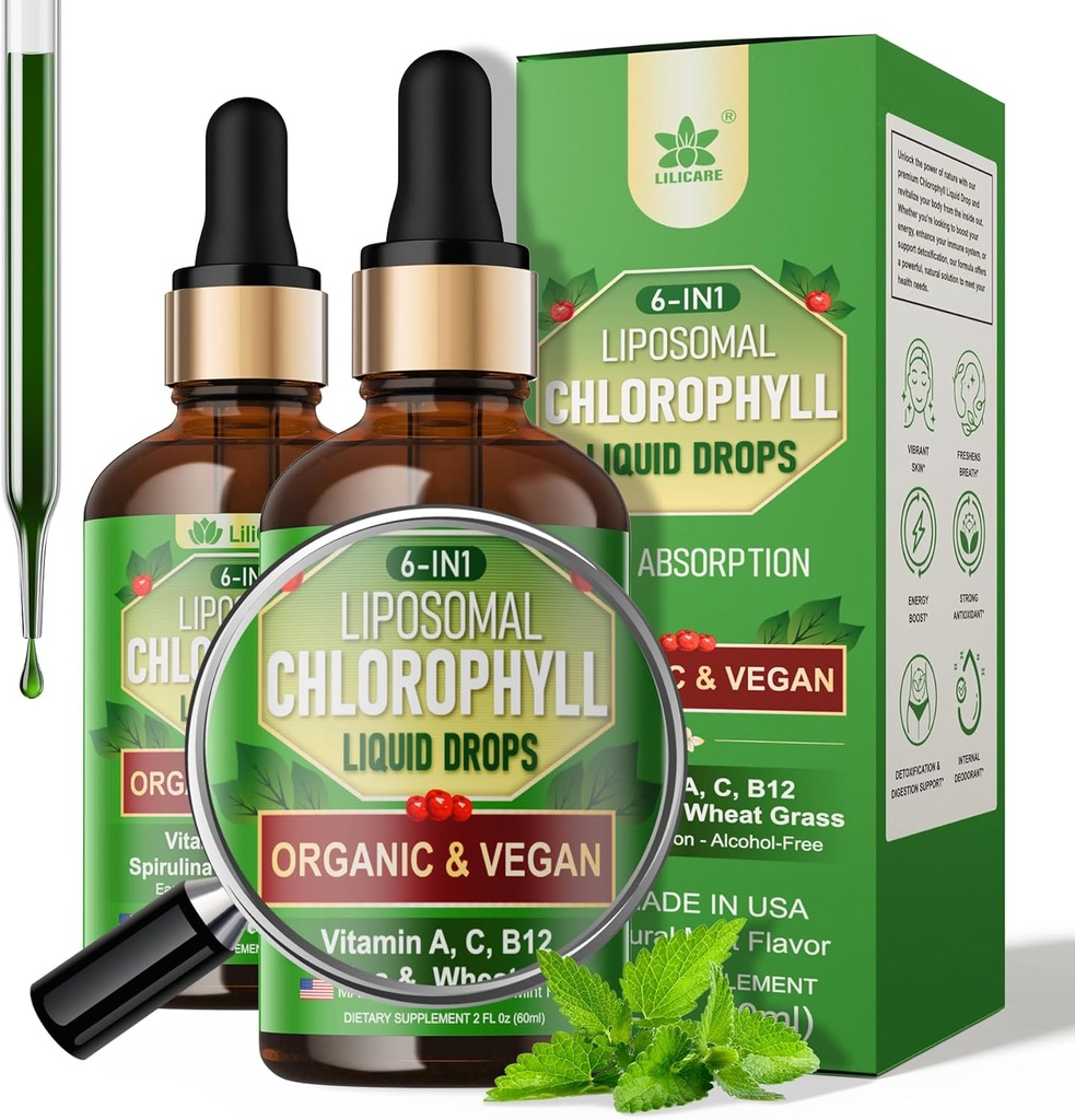 Clorofila orgánica gotas líquidas Liposomal para Hombres Mujer, 6-en-1 Verdes Superalimentos Chlorophyll Vegan w/Spirulina, Hierro, Vitamina C B12 A para Desodorante Interno*, Energía,Digestivo,2Packs/4 Fl Oz