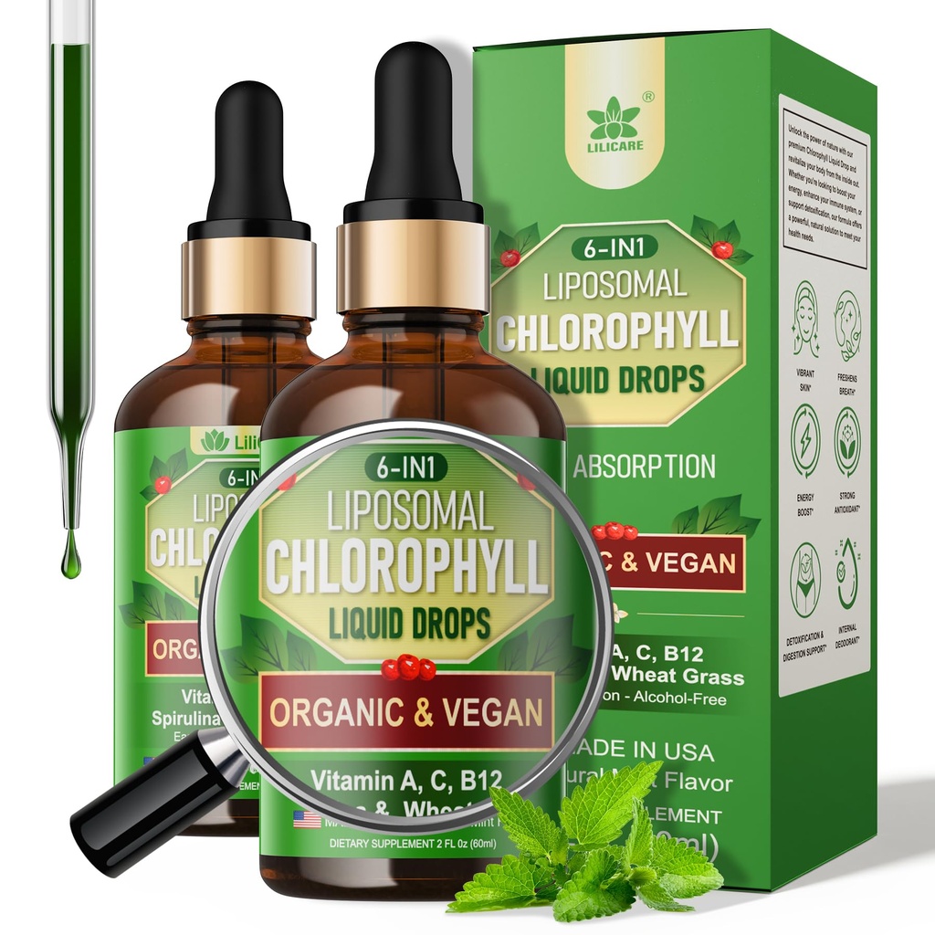 Clorofila orgánica gotas líquidas Liposomal para Hombres Mujer, 6-en-1 Verdes Superalimentos Chlorophyll Vegan w/Spirulina, Hierro, Vitamina C B12 A para Desodorante Interno*, Energía,Digestivo,2Packs/4 Fl Oz