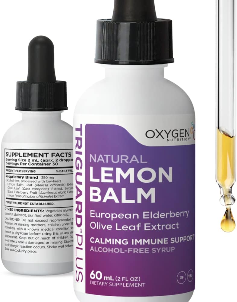TriGuard Lemon Balm Plus - Lemon Balm Extract, Elderberry, Olive Leaf Extract Tincture 2 fl oz ← Para calmar, Stress Relief, Immune Support and Inflammation