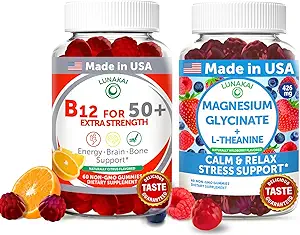 Lunakai USA Made Vitamina B12 para adultos 50+ &amp; Magnesium Glycinate Gummies Bundle, Supports Energy, Mood, Relax &amp; Stress Relief, Non-GMO, Vegan, 60ct Cada uno