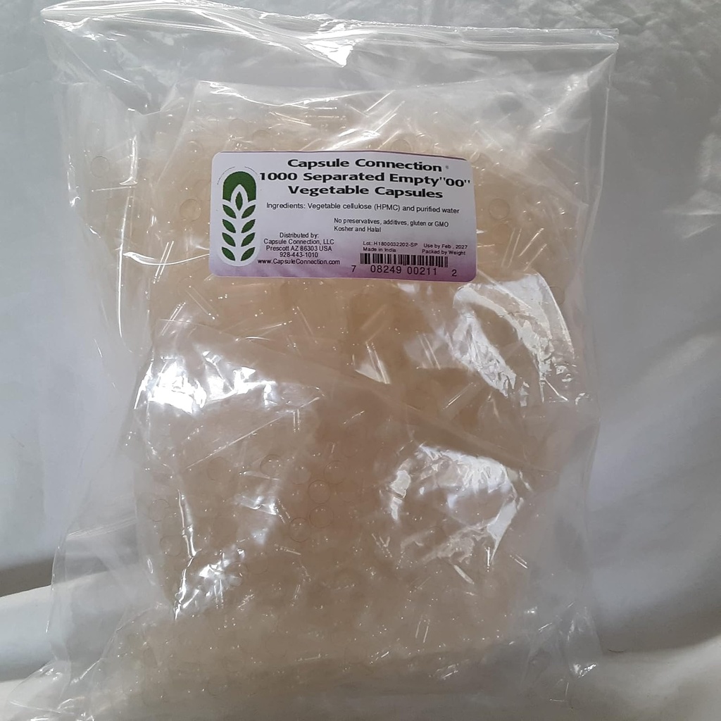 Capsule Connection 1000 Separated Empty Vegetable Capsules, 00" Tamaño, Vegan &amp; Vegetarian resealable Bag