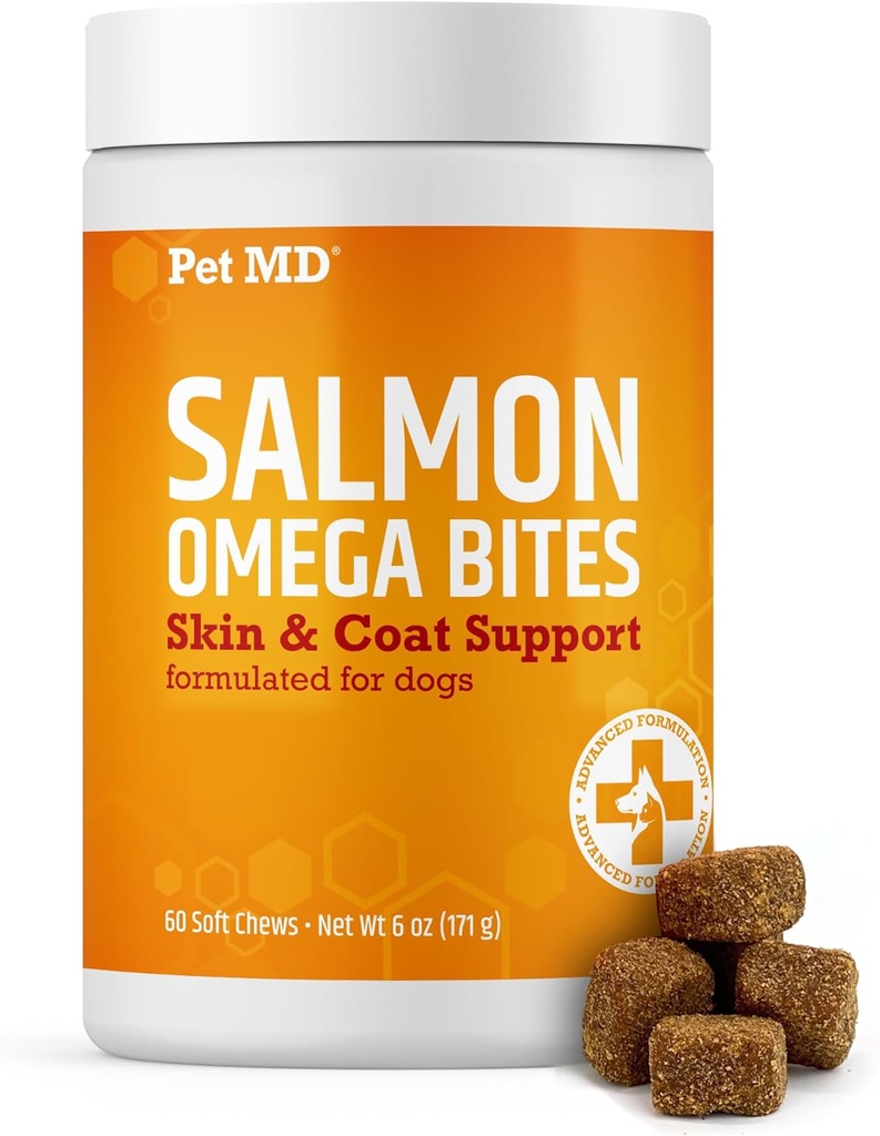 Pet MD Salmon Omega Bites for Dogs - Skin and Coat Supplement with Omega 3 &amp; 6 for Dogs Plus DHA &amp; EPA - Promueve la alergia y el alivio de la piel seca - 60ct