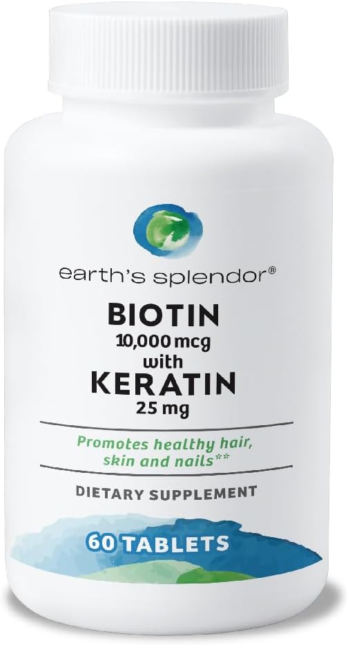 Esplendor de la Tierra Biotina 10.000 mcg + Keratin 25mg, promueve el cabello saludable, las uñas fuertes y el soporte de piel, fuente de 60 días