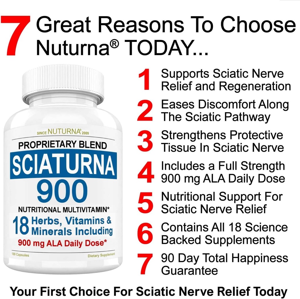 Sciatic Nerve Support Fórmula con 900 mg Ácido Alfa Lipoico - 18 en 1 Sciatica Nerve Suplemento para la espalda baja, Hip, Lumbar, Leg, Pie Turmeric Curcumin - 180 Píldoras Hechas en los EE.UU.