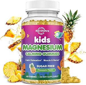 Gummies de magnesio para niños con L-Theanina, Chamomile, Licorice, Vitamina D, B6 para dormir, Relajación, Cerebro &amp; Muscle, Piña libre de azúcar 60ct