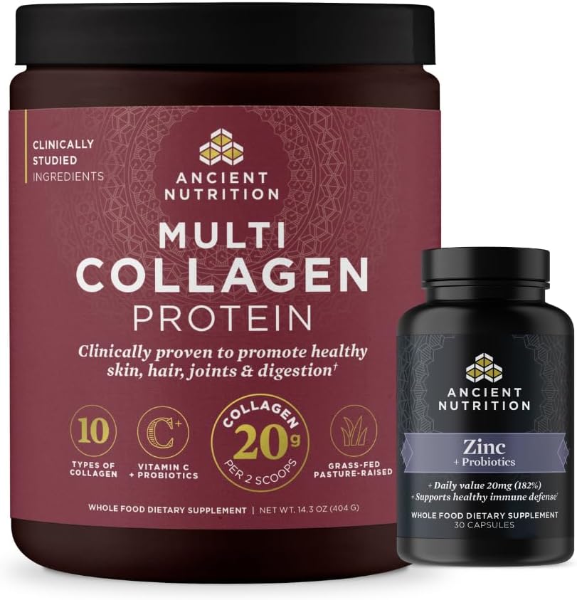 Nutrición antigua Cápsulas de zinc, 30 Cuenta + Pólvora Multi Collagen Protein, Desarrollado, 40 Servimientos