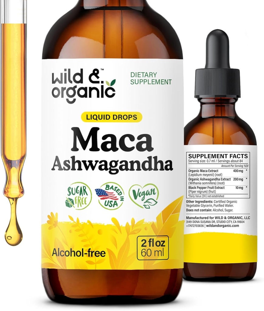 Wild & Organic Maca Ashwagandha gotas para hombres y mujeres - Peruano Maca Root y Ashwagandha Tincture para soporte general - Vegan, Azúcar &amp; Alcohol-Free Extract Suplemento - 2 fl oz