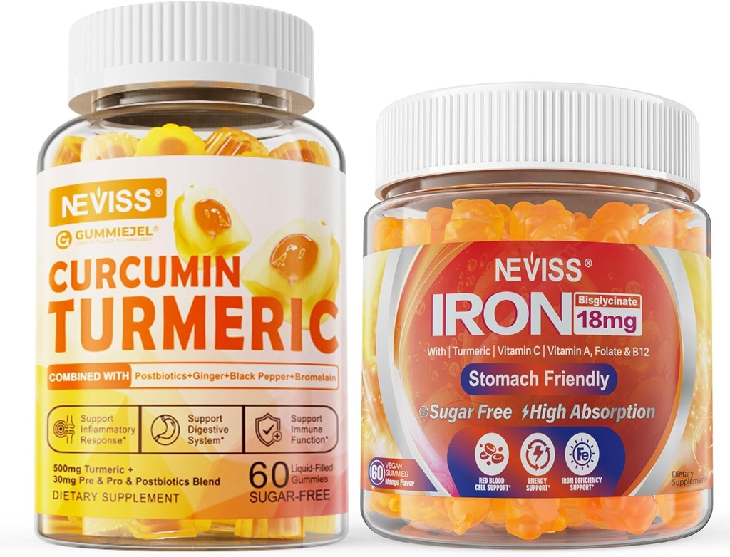 Sugar Free Turmeric Curcumin Relleno Gummies 550mg para adultos,Vegan Iron Gummies Suplemento con vitamina C