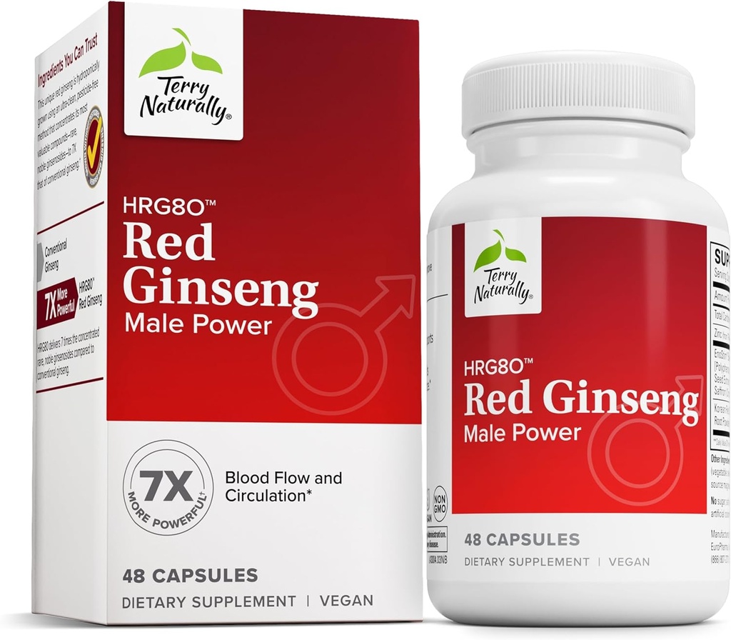 Terry Naturalmente HRG80 Red Ginseng Hombre Power - circulación sanguínea " Apoyo a la resistencia Suplemento - Suplemento dietético con Ginseng " Zinc - Suplemento herbal para el apoyo energético - 48 cápsulas