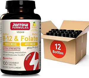 Jarrow Formulas Methyl B-12 1000MCG & Methyl Folate 400MCG,Extra Strength,Cellular Energy Metabolism & Cardiovascular Health Formula(1) With P-5-P,100Chewable Tabs,Up to a 100 Day Suppl,12Packs