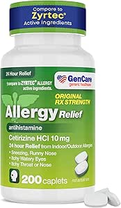 GenCare - Cetirizine HCL 10 mg (200 cápsulas) - 24 horas Alivio de Alergia Píldoras - No Drowsy Genérico OTC Alergía Medicamento - Antihistamínico Medicina para Sneezing, Runny Nose ' Ojos picantes - Genérico Zyrtec