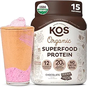 KOS Planta base de pólvora de proteínas, Chocolate USDA Organic - Pea de baja carb Protein Blend, Vegan Superfood with Vitamins & Minerals - Keto, Soy, Dairy Free - Meal Replacement for Women &amp; Men - 15 Servings
