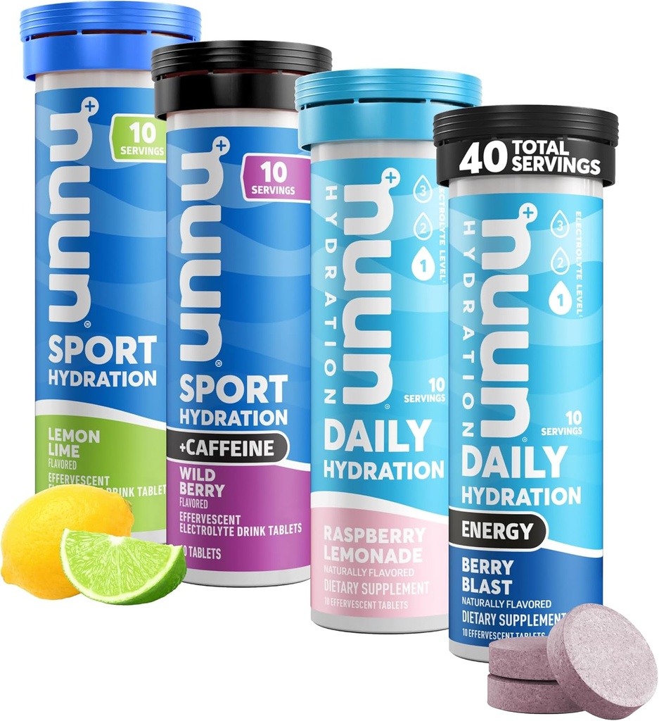 Nuun Hydration Electrolyte Tablets - Dissolvable in Water, Complete Pack TEN 5 Electrolytes Esenciales para la Hidración TEN 1g Sugar Drink Mix TEN Vegan, Non-GMO TENIDO 4 Pack (40 Total Servings)