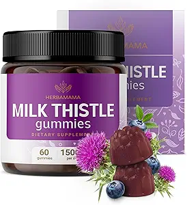 HERBAMAMA Milk Thistle Suplemento - 1500mg Milk Thistle Seed Gummies for Liver Cleanse - Vegan, Non-GMO Liver Support with Silybum Marianum - 60 Pectin-Based Blueberry-Flavored Chews