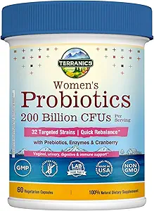 Probióticos diarios de Terranics para mujeres, 200 millones de probióticos de estrado de 32, con arándano, prebióticos " Enzymes, rebalance Vaginal Flora " , Delayed Release, Shelf Stable, 60 caps Vegan