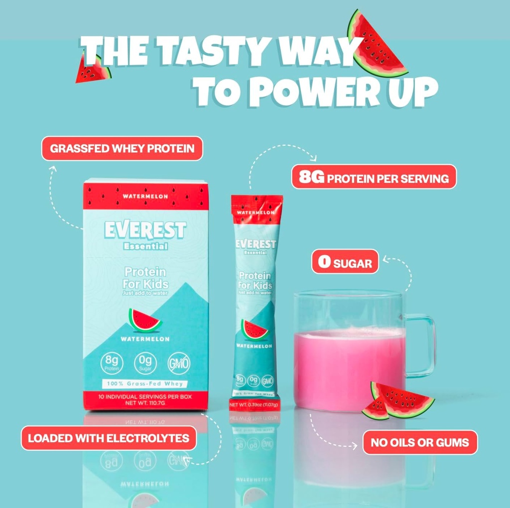Everest Essential, Kid's Clear Whey Protein Powder (Watermelon, 10 Packets) Protein Drink Mix for Kids, Electrolytes for Kids, 8g Protein Per Serving, Non GMO, Zero Added Sugar