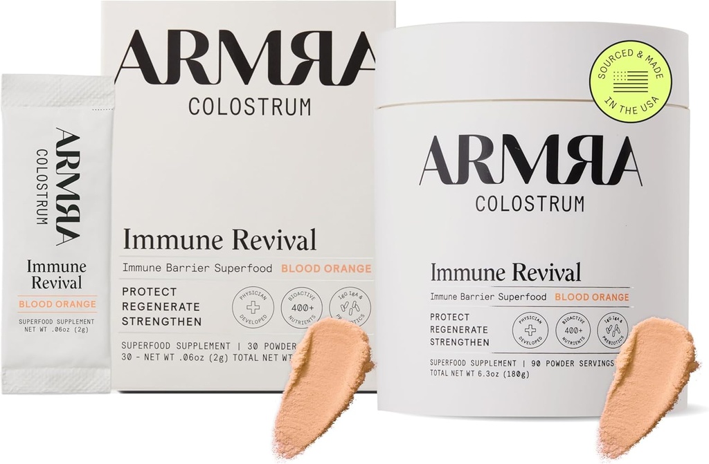 ARMRA ColostrumTM Premium Powder, Grass Fed, Gut Health Bloating Immunity Skin & Hair, Contains 400+ Bioactive Nutrients, Keto, Gluten & Fat Free (Blood Orange Bundle tención 120 Servings)