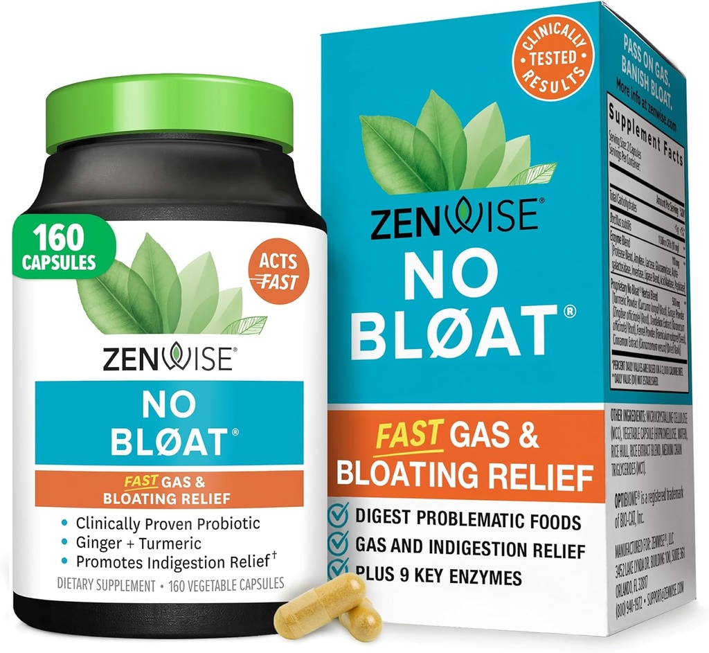Zenwise Health No Bloat Digestive Enzymes for Gut Health, Gas & Bloating Relief - Multi Enzymes Digestion Supplement with Probiotics, Ginger, Turmeric Dandelion & Lactase - Men & Women - 160 Count