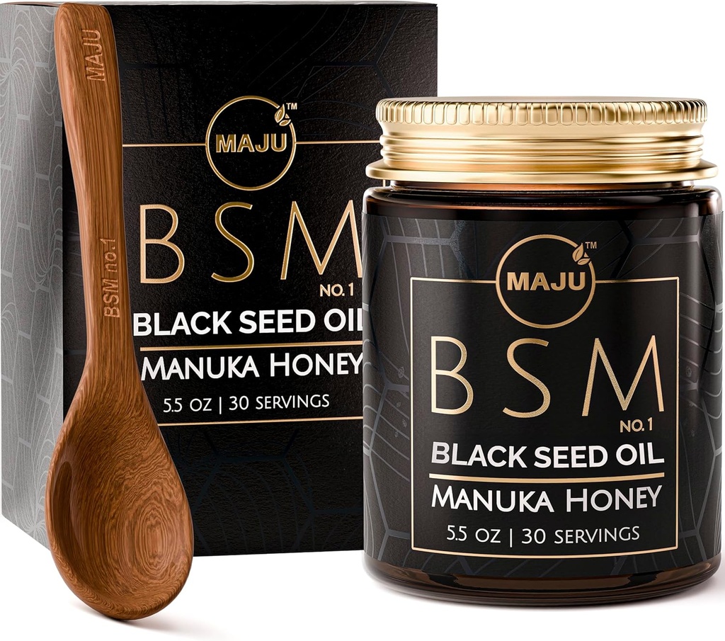MAJU 3-in-1 Black Seed Oil, Manuka Honey & Seeds (estilo tradicional) BSM no. 1, Sweet & Crunchy Herbal Blend, Nigella Sativa Oil and Seeds, Unpasteurized & Raw Monofloral Manuka Honey New Zealand