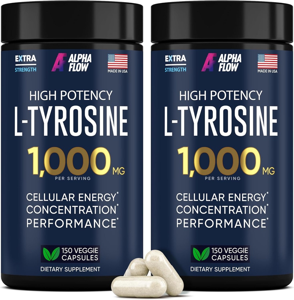 [2 Pack] L-Tyrosine 1000MG Capsules - Natural L Tyrosine Supplement for Kids & Adults - Energy Boost and Brain Supplement - 2x la potencia de L-Tyrosine 500mg cápsulas - 300 Vegan LTyrosine cápsulas