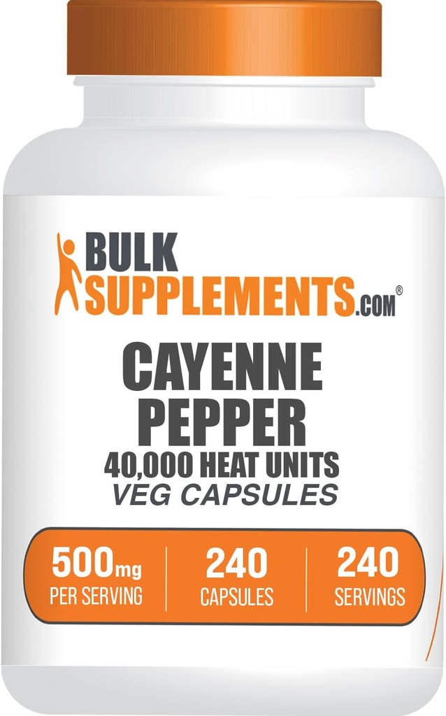 BulkSupplements.com Cayenne Pepper Capsules - Cayenne Pepper 40000 HU, Capsaicin Suplementos, Cayenne Pepper Suplementos - Gluten Gratis, 1 cápsula por Serving, 240 Veg Capsules (Pack of 1)
