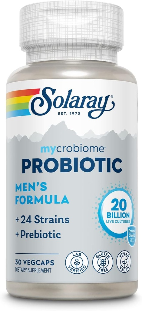 SOLARAY Mycrobiome Probiótico Hombre Fórmula, Probióticos para Hombres, Gut Health, Digestión, Función Inmunitaria > Más, 20 Billones CFU Hombres Probiótico, 24 Strains Plus Prebiótico, 30 Servimientos, 30 VegCaps