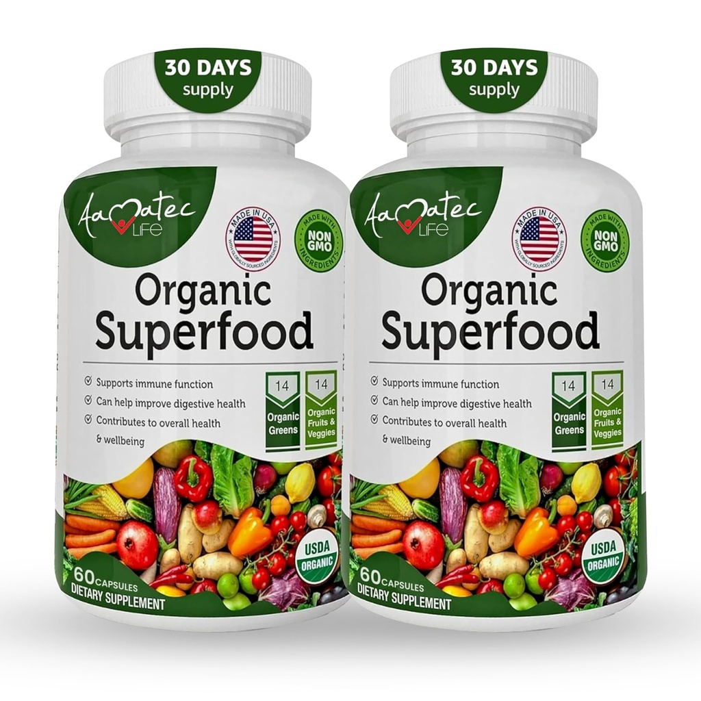 Organic Superfood Greens Fruits and Veggies Complex - Dietary Supplement with 14 Greens &14 Vegetables with Alfalfa Rich in Antioxidants Organic Ingredients Non-GMO (120 Count Pack of 2)