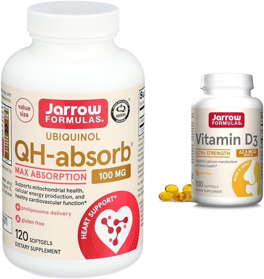 Jarrow Formulas QH-Absorb 100 mg Max Absorption - CoQ10 Ubiquinol & Vitamina D3 62,5 mcg (2,500 UI) - 100 Servings (Softgels)
