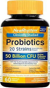 NewRhythm Probiotics 50 Billion CFU 20 Strains, 60 Veggie Capsules, Tecnología de liberación dirigida, resistente a los ácidos estomacales, sin necesidad de refrigeración, no GMO, Gluten Free (Pack of 2)