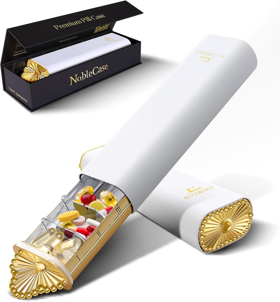 Premium organizador semanal de píldoras, caja compacta de 7 días para purse, caja de aluminio de oro ligero para vitaminas, medicina, suplementos, regalo de bienestar de lujo