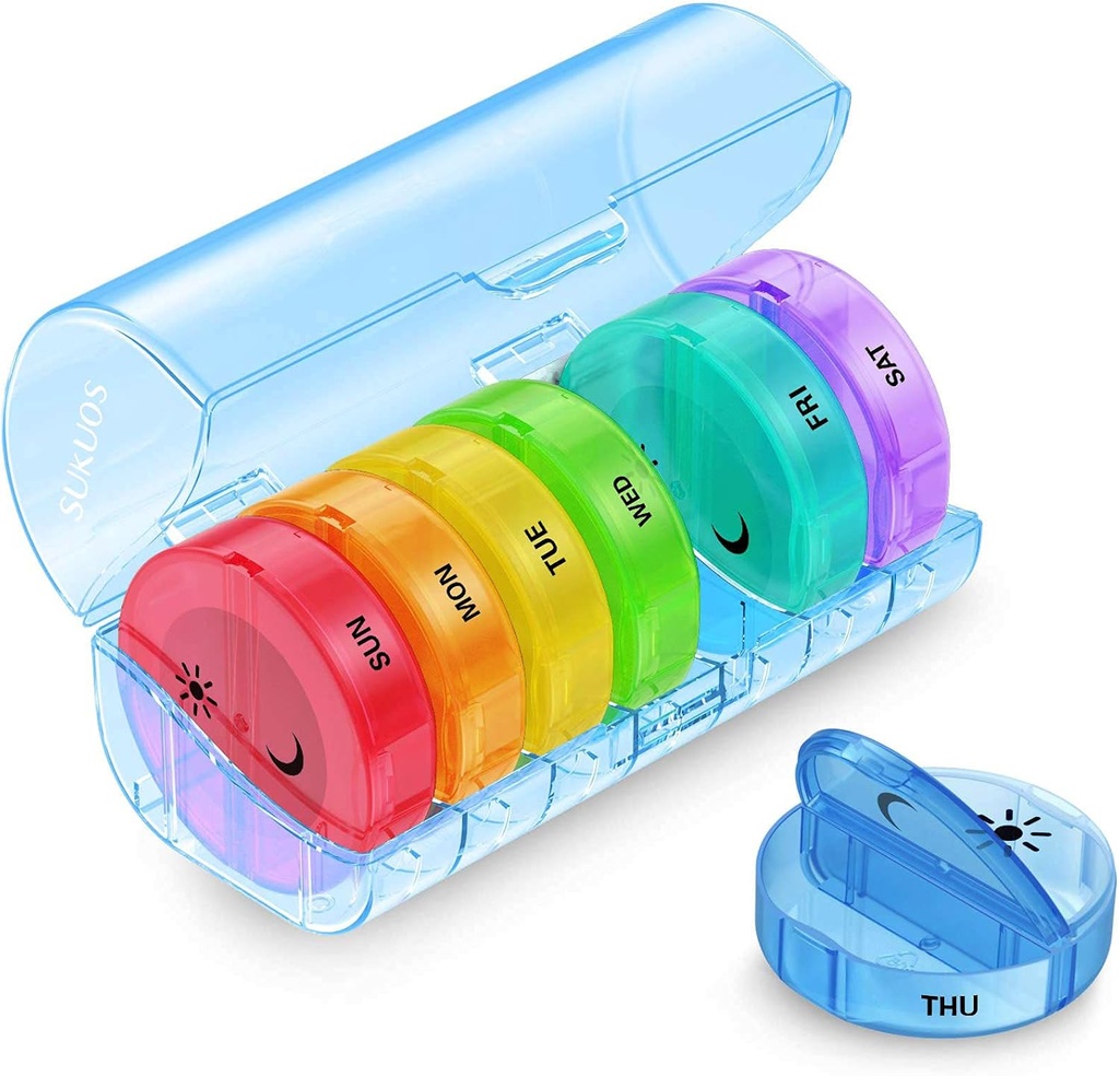 Sukuos gran organizador semanal de píldoras 2 veces al día, Daily Pill Box 7 Day Easy to Open with Double Protection, AM PM Pill Case for Medicine/Vitamin/Fish Oil/Supplements (Blue)