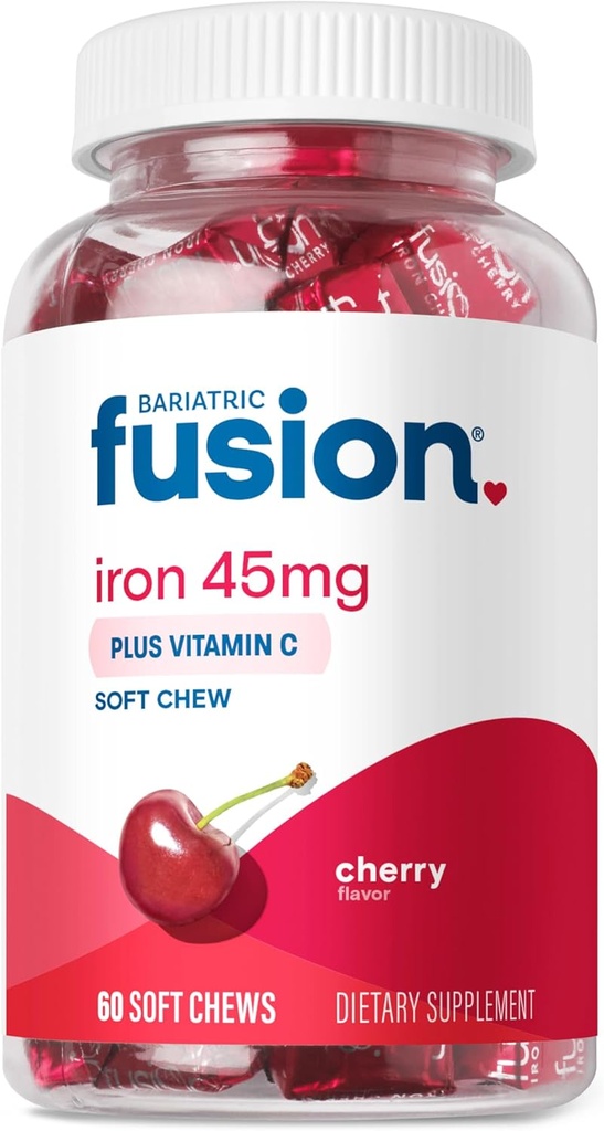 Bariatric Fusion Iron Suplemento para Mujeres Anemia Silencioso Hierro Chewable con Vitamina C tóxico Cherry Flavored Soft Chew tóxico Gentle on Stomach Ferrous Fumarate for Women and Men TEN Gluten Free TEN 60 Con