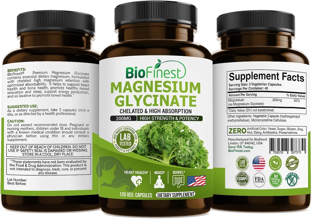 Biofinest Magnesium Glycinate 200mg Suplemento - Healthy Heart Bowel Movement Immune Energy Metabolism Mood Sleep - Made in USA (120 cápsulas)