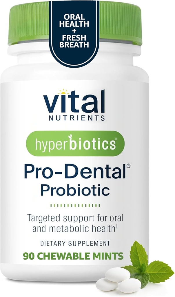 Hiperbióticos Vital Nutrients Pro Dental Probiótico Silencio Clínicamente Estudiado BLIS K12 y M18 ← Probióticos Orales para el Tratamiento de la Respiración Malosa para Adultos ← Salud Oral para Dientes y Gums TEN 90 Mint Tablets