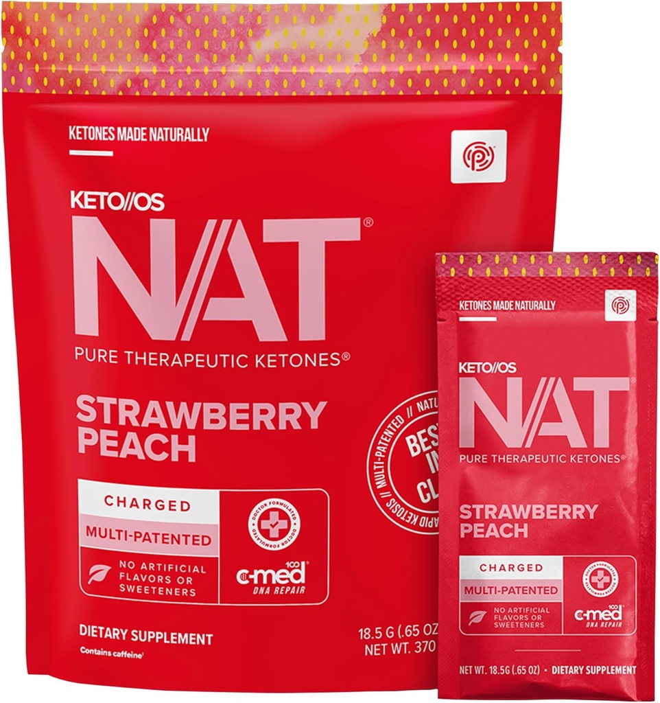 Pruvit - Keto//OS NAT - Strawberry Peach Charged Drink Mix with C-Med 100, L-Taurine, Vitamins B6 & B12, Ketone Supplement - 18.5g