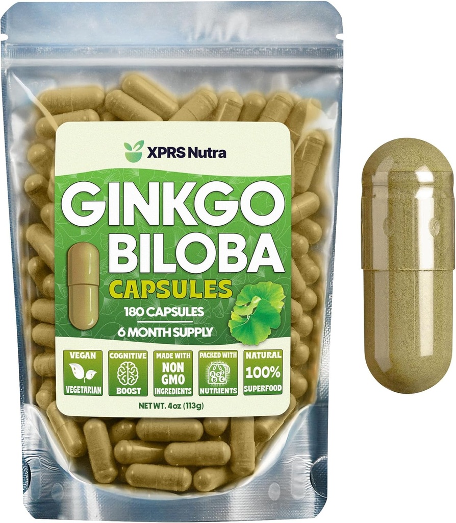 XPRS Nutra Ginkgo Biloba Capsules - Gingko Biloba Encapsulado Suplementos para la Cognición - Vegan Friendly Ginkoba Biloba - Immunity Boosting Ginkgo Biloba Capsules - 180 Conde