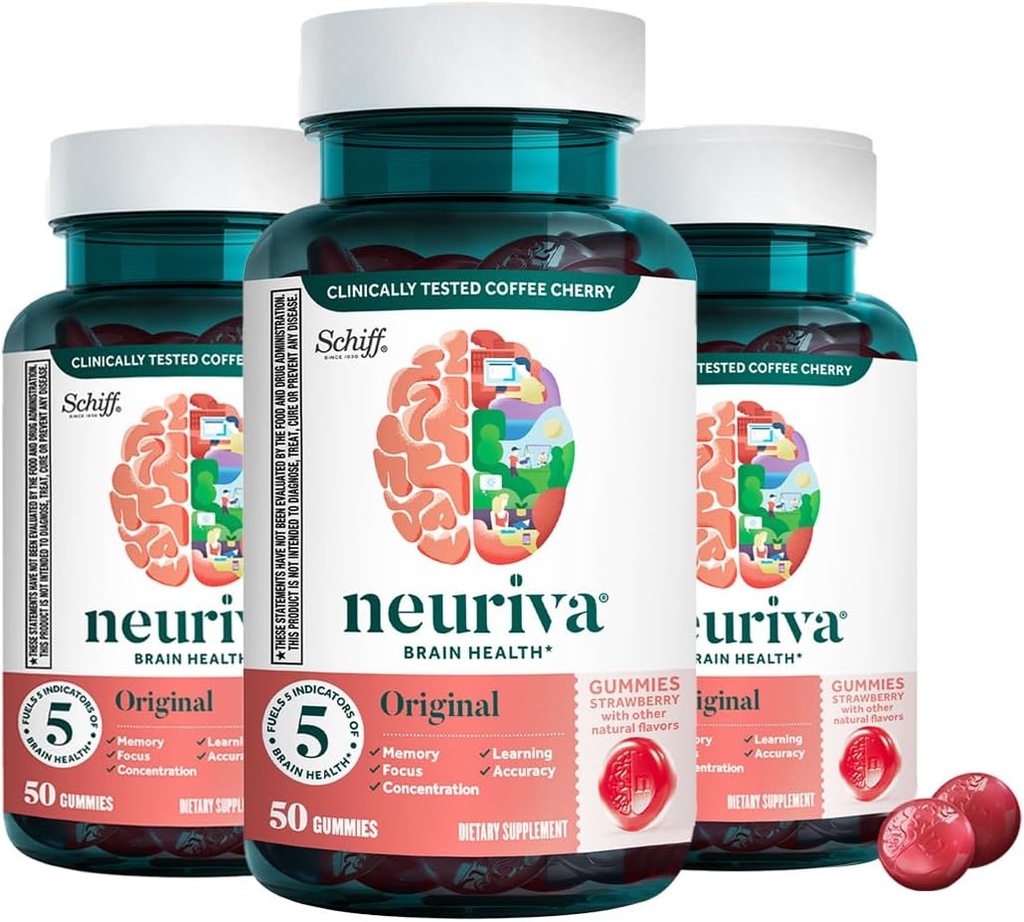 Neuriva Original Brain Health Support Strawberry Gummies (50 Count), Brain Support with Phosphatidylserine " Decaffeinated, Clinically Proven Coffee Cherry (Pack of 3)